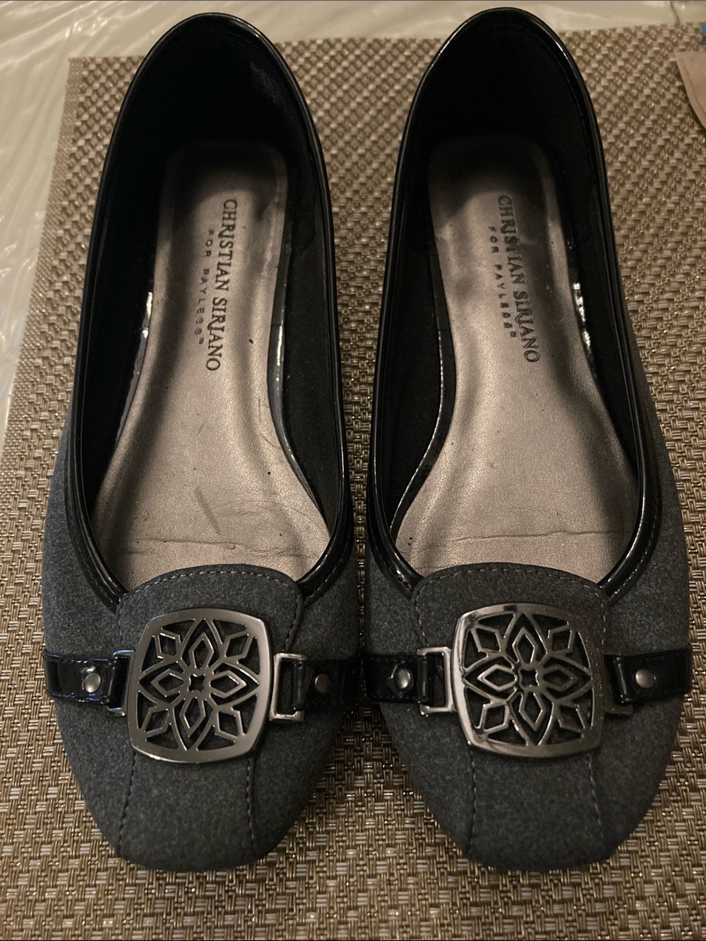Christian Siriano Gray Felt Ballet Flats with Decorative Medallion